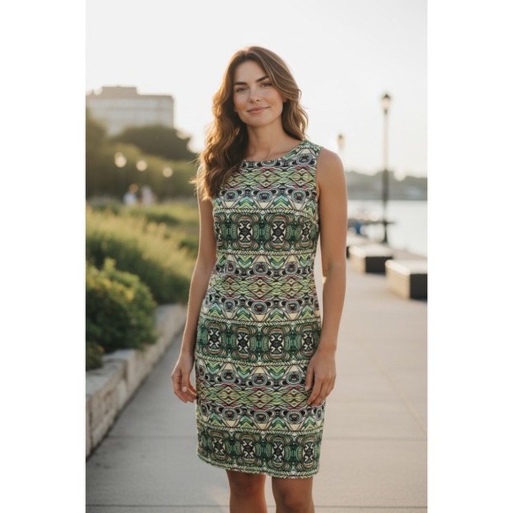 Chetta B Green Print Sleeveless Dress Party Cocktail Career Women's‎